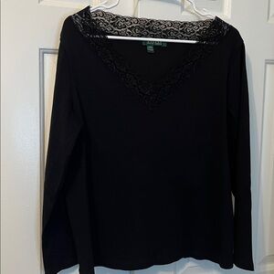Lauren Ralph Lauren Black Lace Trim Ribbed Long Sleeve Top Black Size XL